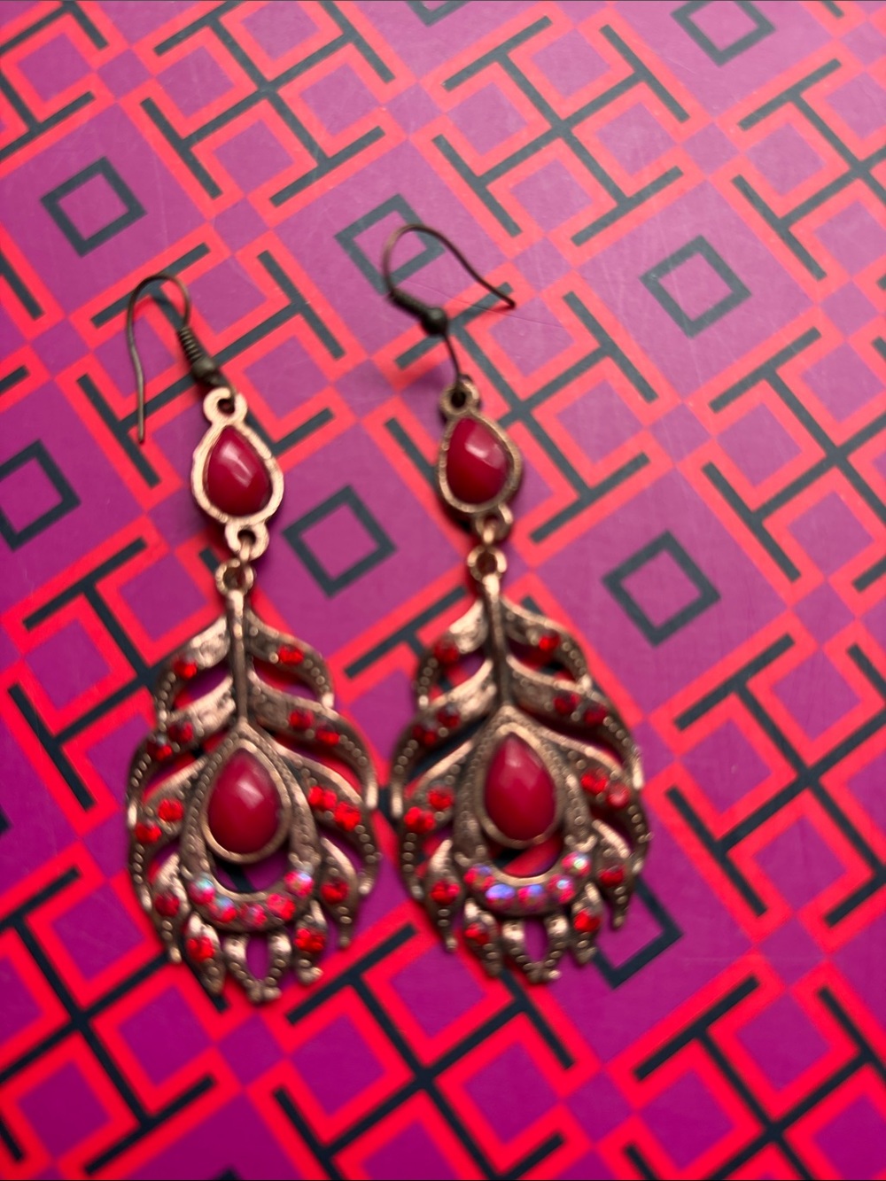 Elegant Red Teardrop Filigree Dangle Earrings